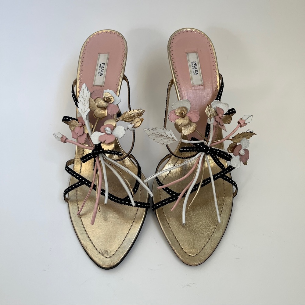 Prada Gold Pink White Flower Bouquet Heels x Neiman Marcus 95th Anniversary